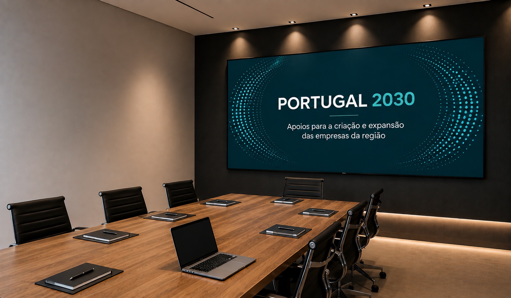 Sala de reuniões com apresentação Portugal 2030 para empresas do Pinhal Interior