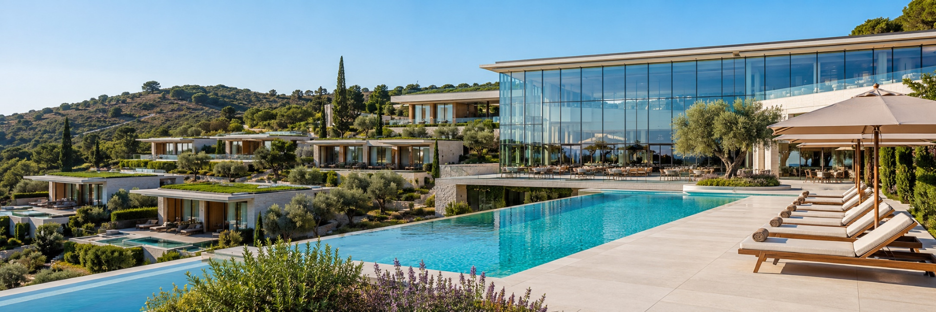 Empreendimento turístico de luxo com arquitetura contemporânea ao entardecer