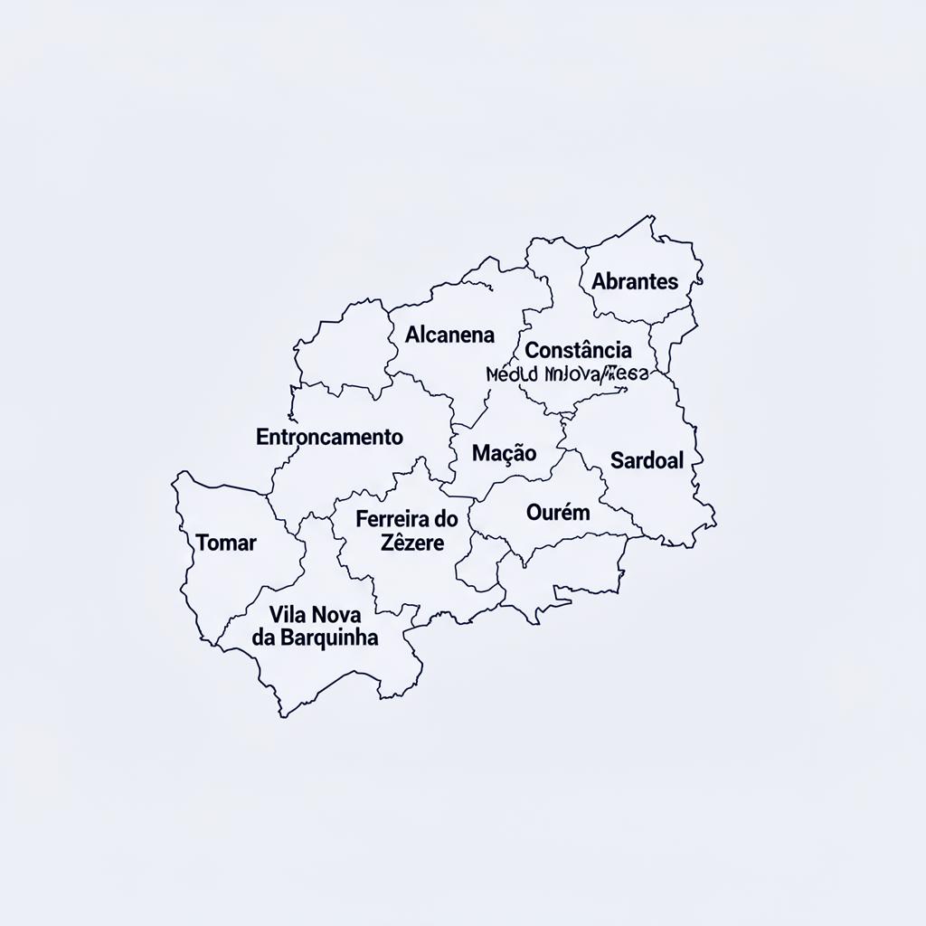 Mapa da região do Médio Tejo com os 11 municípios abrangidos