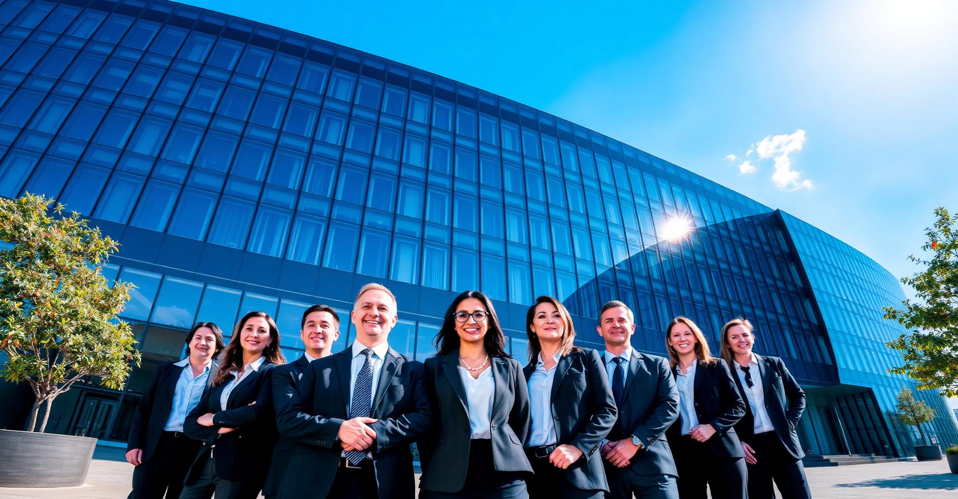 Equipa empresarial em frente a edifício moderno