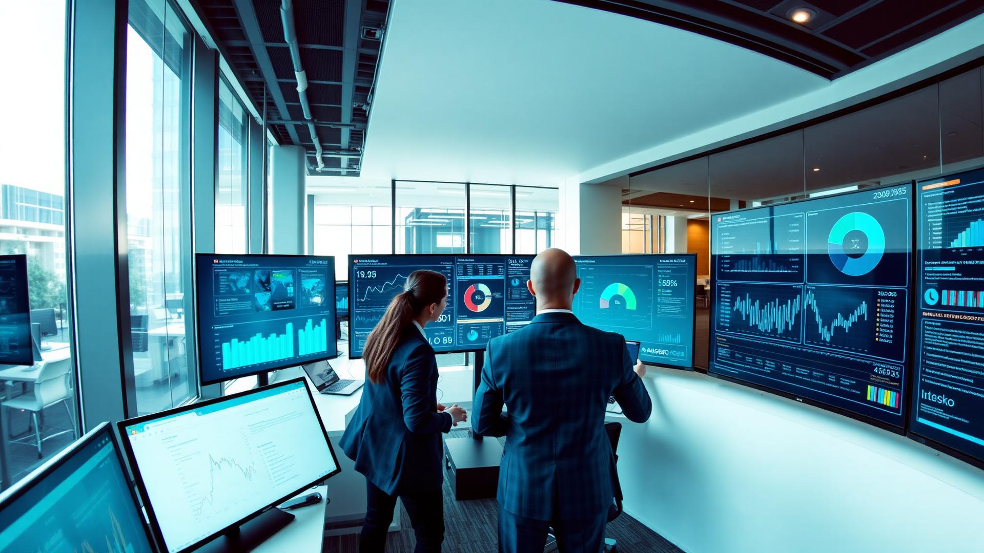 Profissionais a analisar dashboards digitais num ambiente empresarial moderno