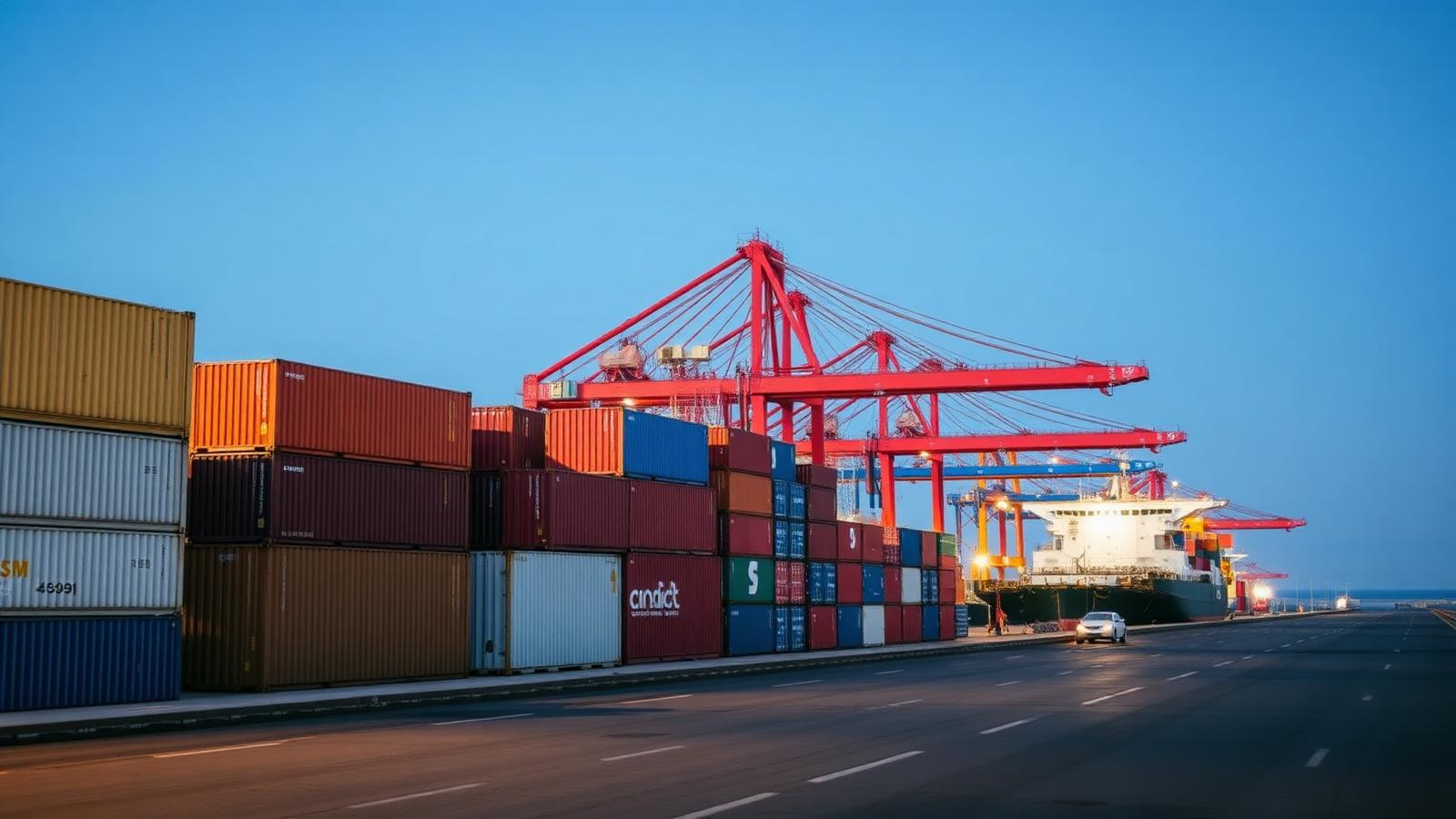 Porto marítimo com contentores e navios de carga — exportação internacional