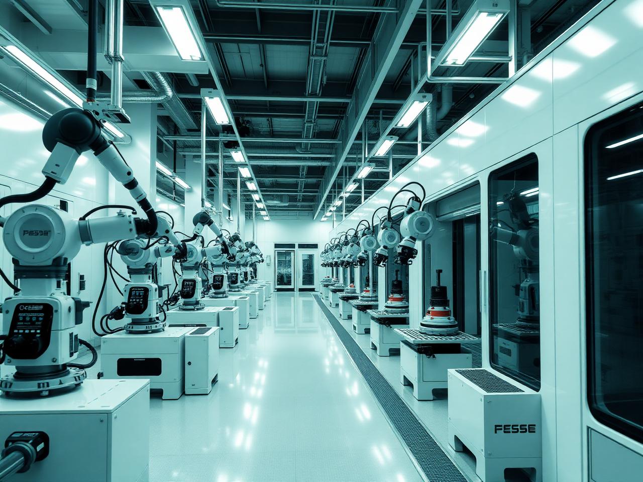 Linha de produção industrial moderna com robótica e automação