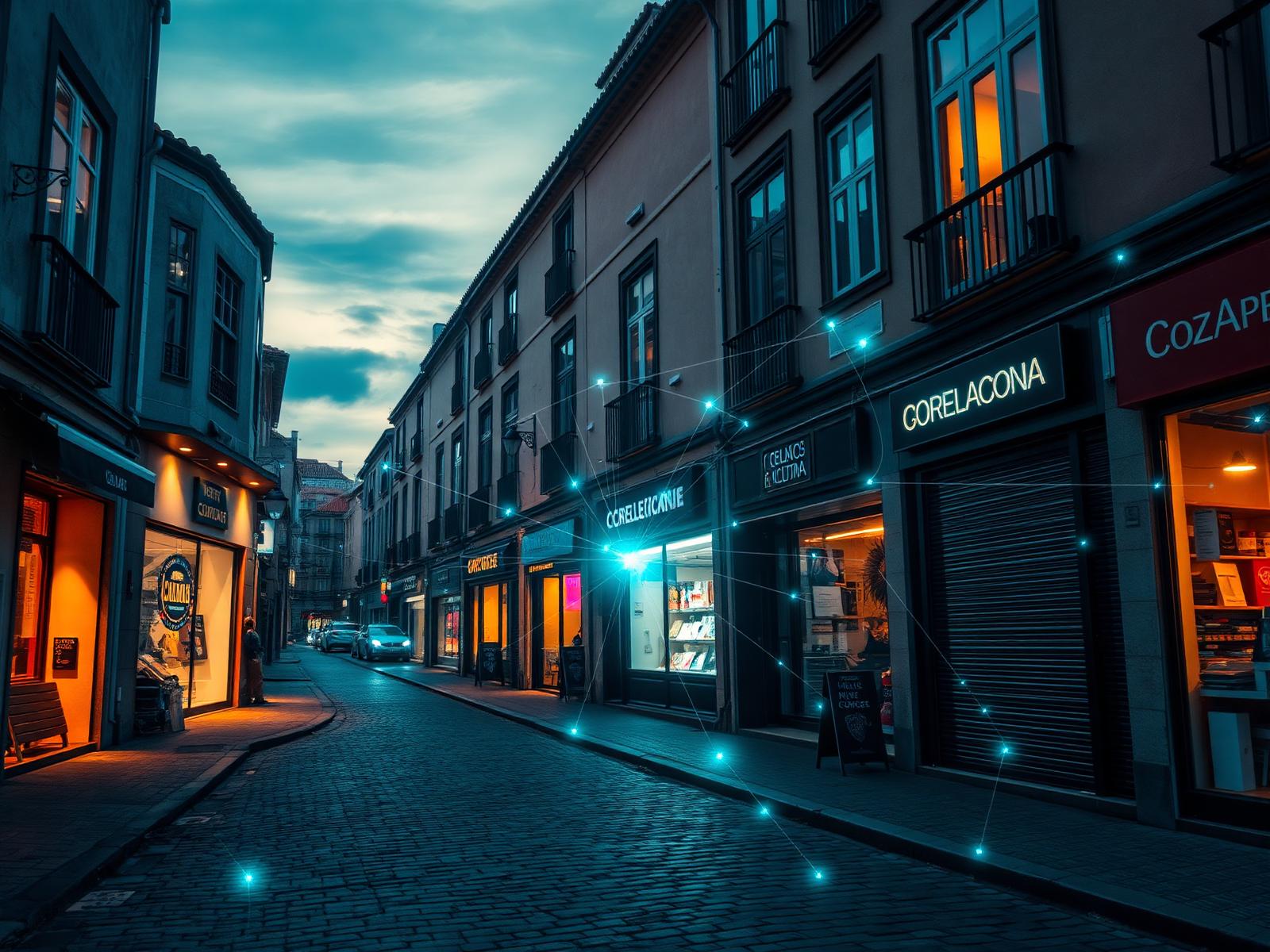 Barrio comercial urbano con iluminación digital y conectividad