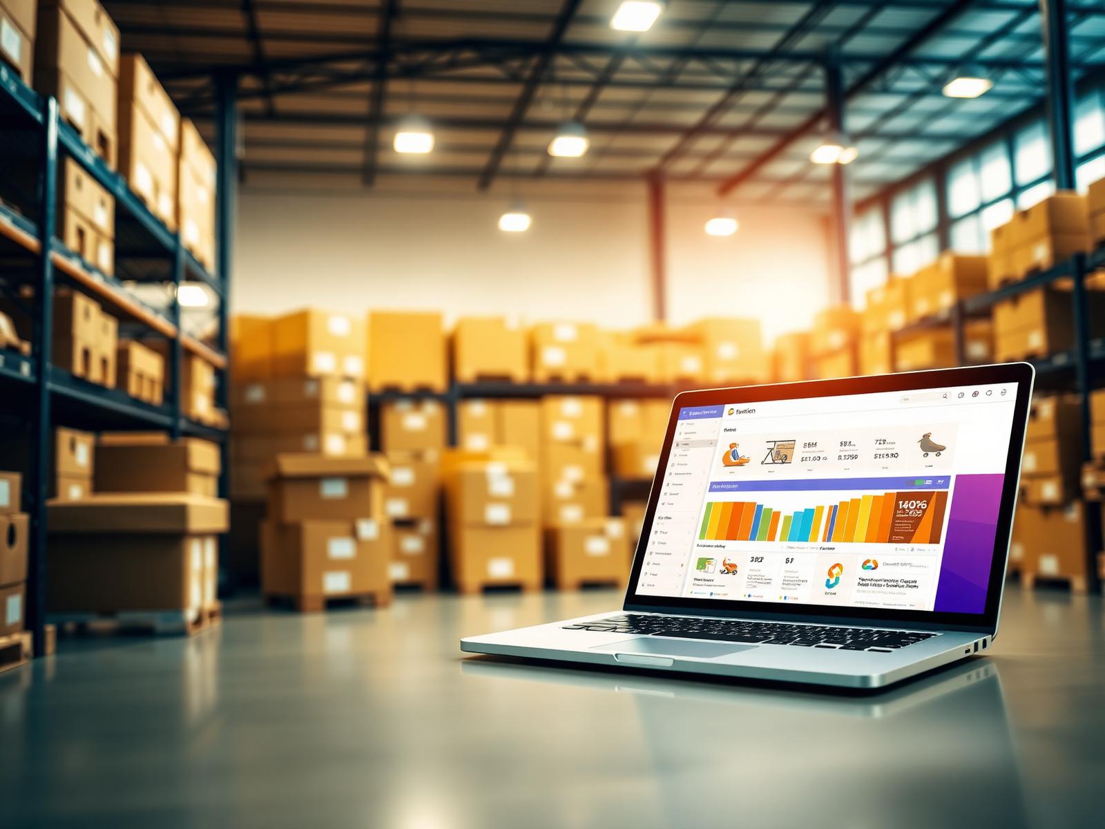 Almacén logístico con panel de e-commerce internacional