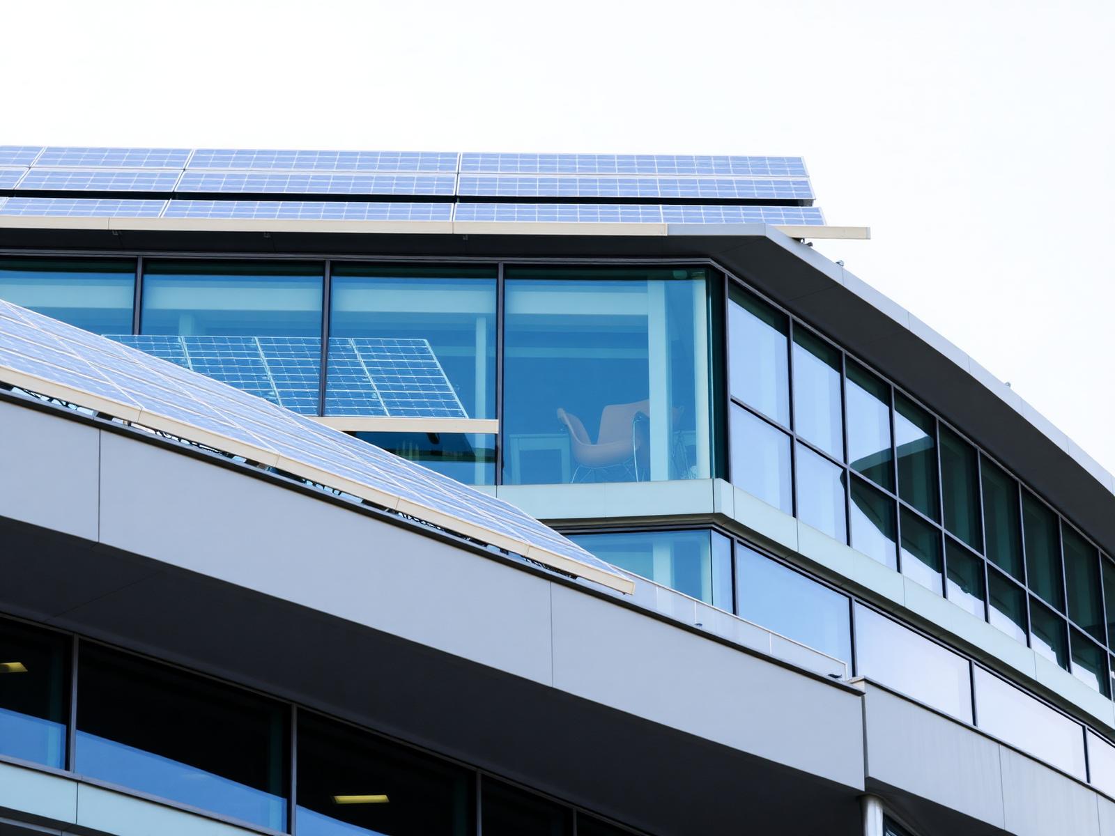 Edifício de serviços com painéis solares e envolvente eficiente